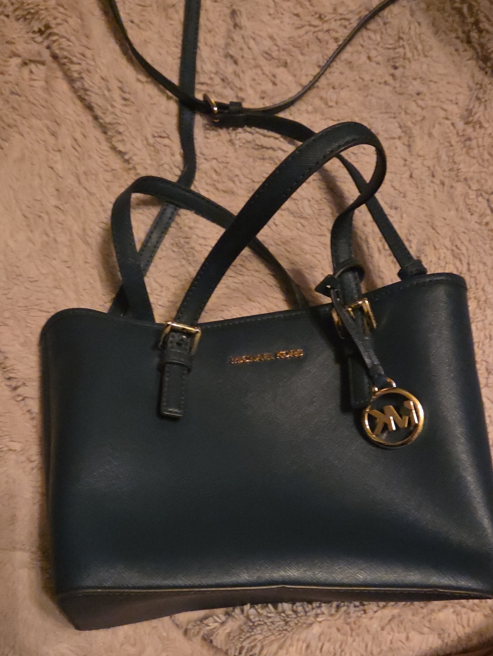 Michael Kors Dark  Blue Saffiano Shoulder Tote with Gold MK Charm